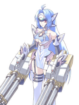 1girl android bare_shoulders blue_hair breasts cleavage cleavage_cutout closed_mouth clothing_cutout commentary forehead_protector garter_straps gun highres keints kos-mos kos-mos_ver._4 large_breasts long_hair looking_ahead machine_gun red_eyes simple_background solo standing weapon white_background xenosaga xenosaga_episode_iii