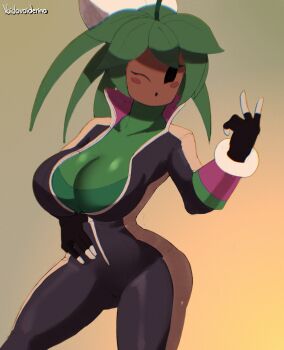 1girl absurdres artist_name blaster_master_zero blush_stickers bodysuit breasts cleavage colored_skin flower green_skin highres kanna_(blaster_master_zero) large_breasts monster_girl one_eye_closed plant plant_girl voiderino wink