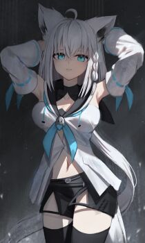 1girl ahoge animal_ears aqua_eyes armpits arms_behind_head black_shorts blue_neckerchief braid breasts detached_sleeves fox_ears fox_girl fox_tail highres hololive hololive_gamers large_breasts looking_at_viewer neckerchief shirakami_fubuki shorts side_braid single_braid tail thighhighs thomas_8000 virtual_youtuber white_hair