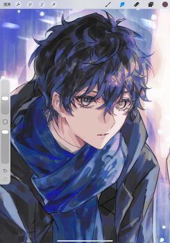 1boy amamiya_ren art_program_in_frame black_coat blue_hair blue_scarf coat eyelashes grey_eyes hair_between_eyes highres lapels male_focus parted_lips persona persona_5 scarf short_hair snow solaryang4 solo teeth upper_body winter_clothes