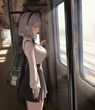 1girl absurdres backpack bag black_choker black_hairband black_skirt breasts choker collared_shirt cowboy_shot from_side green_eyes hairband high-waist_skirt highres holding landscape large_breasts long_sleeves looking_outside medium_hair original pleated_skirt purple_hair school_uniform shirt short_hair skirt sleeves_past_wrists solo standing train train_interior white_hair white_shirt window xzu