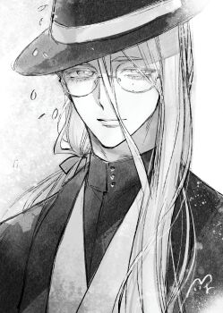 1boy commentary_request fate/grand_order fate_(series) fedora glasses greyscale hanasaka_no_okina_(fate) hat highres japanese_clothes kimono low_ponytail male_focus mole mole_under_eye monochrome multiple_moles ponytail shirt_under_kimono smile suzuki_tsuta upper_body