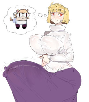 absurdres alternate_body_size alternate_breast_size_(larger) arcueid_brunestud arms_under_breasts ass blonde_hair breadcatta breasts bulge erection erection_under_clothes futanari gigantic_penis hair_between_eyes hair_intakes heart highres huge_ass huge_breasts large_penis long_skirt melty_blood_arcueid_figure_(meme) meme penis purple_skirt short_hair skirt solo sweater thick_thighs thighs tight_clothes trembling tsukihime turtleneck turtleneck_sweater twitching_penis white_sweater wide_hips