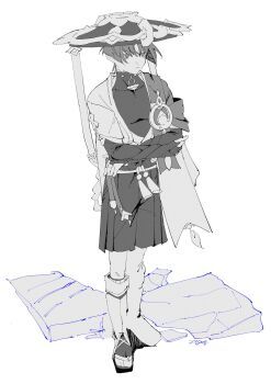 Rule 34 | 1boy, armor, artist name, belt, blunt ends, bodysuit, bow, bridal gauntlets, cape, closed mouth, commentary request, covered collarbone, crossed arms, debris, full body, gem, genshin impact, greyscale, hakama, hakama shorts, hand on own arm, hat, highres, japanese armor, japanese clothes, jingasa, kimono, kote, leg warmers, looking to the side, male focus, mandarin collar, middle ring, monochrome, open clothes, open kimono, pleated shorts, rope, sandals, scaramouche (genshin impact), short sleeves, shorts, shoulder peek, solo, standing, tassel, tsurime, user twpv3344, wanderer (genshin impact), white background, zouri