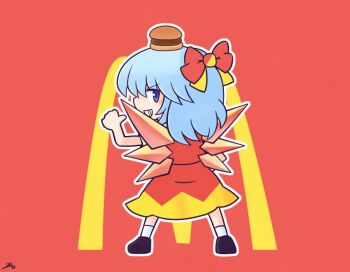 Rule 34 | 1girl, 216, alternate color, blue eyes, blue hair, bow, burger, cirno, copyright logo, dress, food, from behind, full body, logo, mcdonald's, pointing, pointing at self, red background, red bow, red dress, socks, solo, touhou, white socks
