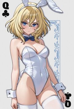 aadka5 animal_ear_hairband animal_ears blonde_hair blue_bow blue_bowtie blue_eyes bow bowtie breasts card card_(medium) cleavage covered_navel detached_collar fake_animal_ears girls_und_panzer hair_between_eyes hairband highres leotard looking_at_viewer medium_breasts medium_hair oshida_(girls_und_panzer) playboy_bunny playing_card queen_(playing_card) queen_of_clubs rabbit_ears rabbit_tail short_hair strapless strapless_leotard tail thighhighs white_leotard white_thighhighs wrist_cuffs
