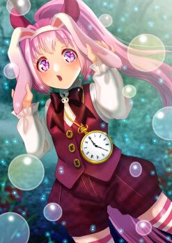 1girl alice's_adventures_in_wonderland animal_ears bow clock collared_shirt commentary_request cosplay dated ear_covers fake_animal_ears flower-shaped_pupils flower_in_eye hairband haru_urara_(umamusume) headband highres horse_ears horse_girl horse_tail long_hair long_sleeves looking_at_viewer otono_(bkt4b) pink_eyes pink_hair pocket_watch ponytail rabbit_ears red_shorts shirt shorts solo striped_clothes striped_thighhighs symbol-shaped_pupils symbol_in_eye tail thighhighs umamusume vest watch white_hairband white_rabbit_(alice_in_wonderland) white_rabbit_(alice_in_wonderland)_(cosplay) white_shirt