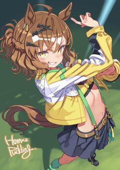 1girl animal_ears brown_hair hair_ornament highres horse_ears horse_girl horse_tail jacket jungle_pocket_(champion&#039;s_battle_cry)_(umamusume) jungle_pocket_(umamusume) looking_at_viewer navel notched_ear puddinghomhom skirt smile solo tail umamusume yellow_eyes