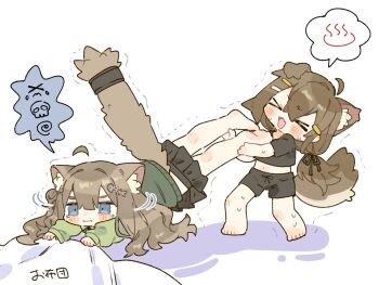 >_< 2girls ahoge animal_ear_fluff animal_ears barefoot black_shirt black_shorts black_skirt blush_stickers brown_hair cat_ears cat_girl cat_tail closed_eyes closed_mouth commentary_request crop_top cropped_shirt detached_ahoge dog_ears dog_girl dog_tail futon green_sweater hair_ornament hairclip highres kipfel_(vrchat) long_hair long_sleeves mamehinata midriff multiple_girls navel notamaru_2 open_mouth pulling shirt short_sleeves shorts simple_background skirt spoken_symbol sweat sweater tail tears trembling vrchat white_background