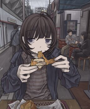 1girl absurdres ahoge black_hair brown_hair burger eating food gudon_udon highres holding holding_food indoors multiple_boys original short_hair sitting