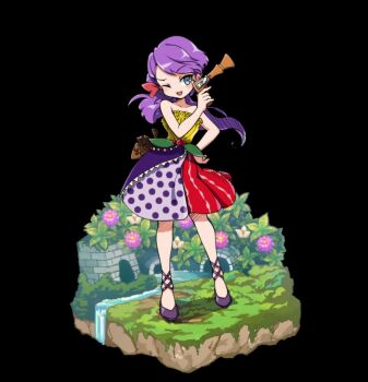 1girl :3 bare_shoulders black_background blue_eyes bow breasts collarbone dress flower folded_ponytail full_body gun hair_bow hand_on_own_hip highres holding holding_gun holding_weapon leaf leg_ribbon liddy_(merc_storia) long_hair merc_storia merc_storia_art_team official_art one_eye_closed open_mouth pink_flower purple_hair red_bow ribbon simple_background small_breasts smile solo standing strapless strapless_dress tachi-e water weapon