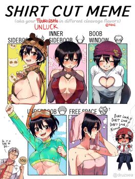 &gt;_&lt; 1boy 1girl abs andy_(undead_unluck) artist_request beanie black_hair breasts brown_eyes cleavage cleavage_cutout closed_eyes clothing_cutout dress embarrassed english_text eyelashes grey_hair happy hat heart_cutout highres izumo_fuuko large_breasts meme multiple_drawing_challenge necktie red_dress rusky shirt shirt_cut_meme short_hair sideboob simple_background smile snorkel source_request sweater undead_unluck underboob virgin_killer_sweater white_background white_shirt