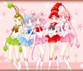 Rule 34 | back bow, bishoujo senshi sailor moon, bishoujo senshi sailor moon stars, black bow, black bowtie, blue bow, blue bowtie, blue choker, blue eyes, blue footwear, blue sailor collar, blue skirt, boots, bow, bowtie, brooch, cerecere (sailor moon), chibi usa, choker, circlet, cone hair bun, double bun, earrings, elbow gloves, english text, forehead, gem, gloves, green choker, green eyes, green hair, green sailor collar, green skirt, hair bun, hair ornament, highres, impossible hair, jewelry, junjun (sailor moon), miniskirt, orange bow, orange bowtie, pallapalla (sailor moon), parted bangs, pink boots, pink choker, pink eyes, pink hair, pink sailor collar, pink skirt, pleated skirt, puffy short sleeves, puffy sleeves, red bow, red bowtie, red choker, red eyes, red footwear, red gem, red hair, red sailor collar, sailor ceres, sailor chibi moon, sailor collar, sailor juno, sailor pallas, sailor vesta, sarashina kau, shirt, short hair, short sleeves, short twintails, skirt, smile, star (symbol), star choker, star symbol background, stud earrings, super sailor chibi moon (stars), twintails, vesves (sailor moon), white footwear, white gloves, white shirt
