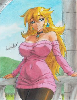 1girl absurdres alternate_costume bare_shoulders blonde_hair blue_eyes breasts choker cleavage collarbone commentary covered_erect_nipples covered_navel dated earrings highres jewelry large_breasts long_hair long_sleeves looking_at_viewer nintendo no_headwear pantyhose pendant pink_sweater princess_peach ravernclouk_design smile solo sphere_earrings sweater thick_thighs thighs