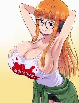 Rule 34 | 1girl, areola slip, armpits, arms behind head, biting own lip, breasts, brendon, bursting breasts, cleavage, crop top, glasses, half-closed eyes, headphones, highres, large breasts, legs, long hair, looking at viewer, naughty face, no bra, orange hair, parted lips, persona, persona 5, pokemoa, purple eyes, sakura futaba, seductive gaze, seductive smile, shorts, sideboob, smile, solo, source request, teeth, thighs