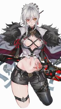 1girl alpha:_crimson_weave_(vow_of_dragon)_(pgr) alpha_(pgr) breasts breasts_apart center_opening closed_mouth commentary_request crop_top ear_piercing fur-trimmed_jacket fur_trim grey_background greyscale hair_between_eyes heterochromia highres jacket medium_breasts medium_hair monochrome navel official_alternate_costume piercing poipoi_poip punishing:_gray_raven red_eyes short_shorts shorts simple_background solo spot_color stomach sword thighs weapon yellow_eyes