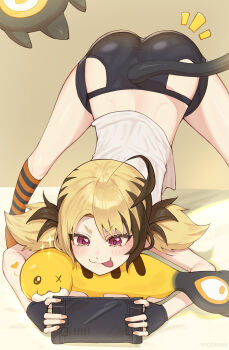 1girl :p absurdres ass bike_shorts black_shorts blonde_hair brown_hair clothing_cutout commentary english_commentary fingerless_gloves gigi_murin gigi_murin_(1st_costume) gloves grem_(gigi_murin) handheld_game_console highres hip_vent holding holding_handheld_game_console hololive hololive_english migokami multicolored_hair no_shoes orange_socks pink_eyes shirt short_hair short_twintails shorts socks solo striped_clothes striped_socks tail tongue tongue_out top-down_bottom-up twintails two-tone_hair virtual_youtuber white_shirt