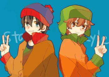 Rule 34 | 2boys, animification, beanie, black hair, blue background, blue eyes, character name, commentary request, gloves, grin, hat, jacket, kyle broflovski, long sleeves, looking at viewer, male focus, multiple boys, orange hair, partially unbuttoned, pom pom (clothes), pom pom beanie, popped collar, red eyes, ryu04869, smile, south park, stan marsh, upper body, ushanka, v