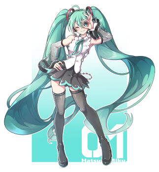 1girl absurdres aqua_eyes aqua_hair aqua_nails aqua_ribbon arms_up black_skirt blush boots breasts character_name closed_mouth commentary_request detached_sleeves full_body gokuu_(acoloredpencil) hair_between_eyes hair_ornament hand_on_own_hip hatsune_miku hatsune_miku_(nt) highres long_hair long_sleeves looking_at_viewer medium_breasts miku_day miniskirt one_eye_closed pleated_skirt ribbon see-through_clothes see-through_sleeves shirt skirt sleeveless sleeveless_shirt smile solo thigh_boots thighhighs twintails very_long_hair vocaloid white_shirt wide_hips zettai_ryouiki