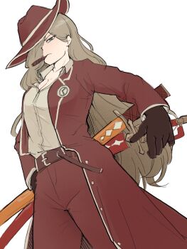 Rule 34 | angry, belt, blue eyes, brown hair, cigar, coat, commentary request, furrowed brow, gloves, godalgul, highres, korean commentary, limbus company, open clothes, open shirt, project moon, sword, valencina (project moon), weapon