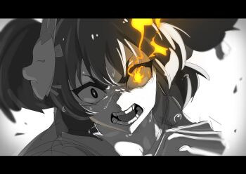 1girl absurdres animal_ears commentary_request eye_trail fox_mask glowing glowing_eyes greyscale hair_between_eyes heart highres horse_ears horse_girl inari_one_(umamusume) light_trail long_hair looking_at_viewer mask mask_on_head monochrome open_mouth running senchan_7 solo spoken_heart sweat teeth twintails umamusume yellow_eyes