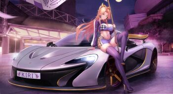 1girl absurdres blonde_hair boots breasts car cleavage commission crop_top flag gold_trim high_heel_boots high_heels highres holding holding_flag kcar66t knee_up large_breasts long_hair long_sleeves looking_at_viewer midriff miniskirt motor_vehicle navel original ponytail purple_boots purple_shirt purple_skirt race_queen shirt sitting skirt solo sports_car stomach thighhighs vehicle_request vgen_commission yellow_eyes zettai_ryouiki