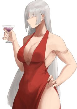 1girl ak-15_(girls&#039;_frontline) alternate_costume biceps breasts chika_232 cleavage cocktail cocktail_glass collarbone commentary covered_navel cup dress drinking_glass english_commentary girls&#039;_frontline girls&#039;_frontline_2:_exilium grey_hair hair_over_one_eye hand_on_own_hip highres holding holding_cup long_hair medium_breasts muscular muscular_female purple_eyes red_dress simple_background sleeveless sleeveless_dress solo voymastina_(girls&#039;_frontline_2) white_background