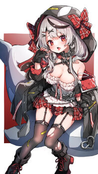 Rule 34 | absurdres, bare shoulders, black choker, black collar, black gloves, black jacket, blush, breasts, choker, cleavage, collar, fang, fingerless gloves, fukutchi, gloves, grey hair, hair ornament, highres, hololive, hood, hood up, jacket, medium breasts, open mouth, pleated skirt, raised eyebrows, red eyes, red skirt, sakamata chloe, shoes, simple background, skindentation, skirt, tagme, teeth, thigh strap, thighhighs, tongue, tongue out, torn clothes, torn thighhighs, upper teeth only, virtual youtuber, white background, x hair ornament