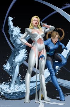 Rule 34 | 1boy, 2girls, black background, black bodysuit, blonde hair, blue bodysuit, blue boots, blue gloves, bodysuit, boots, brown hair, cleavage cutout, clothing cutout, comic cover, commentary, cryokinesis, emma frost, english commentary, full body, gloves, hand on own hip, high heel boots, high heels, highres, ice, iceman (x-men), instagram logo, instagram username, intangible, kitty pryde, long hair, looking at viewer, marvel, midriff, multicolored bodysuit, multiple girls, muscular, muscular male, official art, open mouth, panties, ponytail, signature, superhero costume, textless version, thigh boots, two-tone bodysuit, underwear, white boots, white gloves, white panties, x-men, yoon junggeun