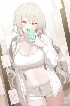 1girl blue_archive bow bra braid breasts cellphone cleavage collared_shirt deyui dress_shirt grey_hair hair_bow hand_up highres holding holding_phone large_breasts long_hair mirror mirror_selfie miyo_(blue_archive) navel open_clothes open_shirt phone revision selfie shirt short_shorts shorts side_braid smartphone solo sports_bra stomach thigh_gap translated underwear very_long_hair white_bow white_bra white_shirt yellow_eyes