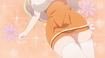 1girl animated animated_gif apron blonde_hair blue_panties bouncing_breasts breasts closed_eyes frey_(megami-ryou_no_ryoubo-kun) gluteal_fold hair_over_one_eye large_breasts long_hair maid megami-ryou_no_ryoubo-kun orange_apron panties pantyshot screencap shirt smile solo thighhighs thighs underwear walking white_shirt white_thighhighs