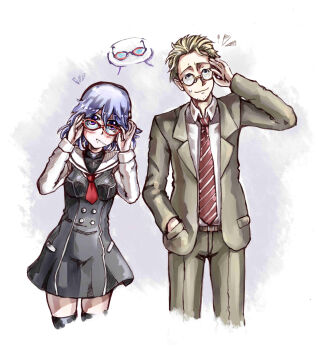 1boy 1girl adjusting_eyewear beard_stubble belt black_thighhighs blonde_hair blue_hair breasts brown_belt chaos;child dress dress_shirt facial_hair fata_terra formal_clothes glasses green_jacket green_pants hekiho_academy_school_uniform highres hood jacket kazuki_hana lollipop_in_mouth miniskirt necktie nervous_sweating pants red-framed_eyewear red_necktie round_eyewear school_uniform science_adventure shirt short_dress short_hair short_necktie skirt striped_clothes striped_necktie stubble suit sweat teacher_and_student thighhighs wakui_shuuichi white_shirt