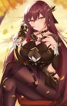 1girl absurdres black_dress black_gloves black_pantyhose breasts brown_hair commentary_request cup dress earrings eden_(honkai_impact) gloves highres holding holding_cup honkai_(series) honkai_impact_3rd jewelry kuro_(blackpgmickey) large_breasts long_hair looking_at_viewer pantyhose single_glove sitting smile solo thighs very_long_hair yellow_eyes