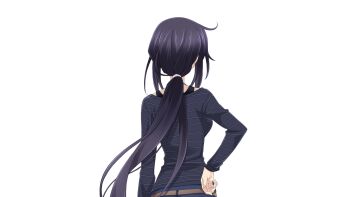 Rule 34 | 1girl, ahoge, belt, black tank top, blue pants, breasts, brown belt, casual, chaos;child, denim, from behind, game cg, hairband, highres, jeans, kunosato mio, long hair, long sidelocks, matsuo yukihiro, medium breasts, non-web source, off-shoulder shirt, off shoulder, official art, pants, ponytail, purple hair, purple shirt, science adventure, shirt, sidelocks, solo, sprite, striped clothes, striped shirt, tank top, transparent background, very long hair, white hairband