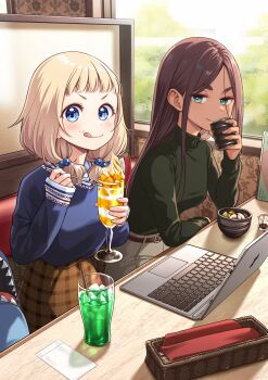 2girls :p ahagon_umiko blonde_hair blue_bag blue_eyes blue_shirt booth_seating brown_hair checkered_clothes checkered_skirt commentary_request computer cup denim drinking_glass drinking_straw food food_on_face green_eyes green_shirt hair_bobbles hair_ornament highres holding holding_cup ice_cream ice_cream_on_face ice_cream_spoon jeans laptop long_hair looking_at_viewer medium_hair multiple_girls napkin new_game! official_art pants sakura_nene shirt shirt_tucked_in sitting skirt smile spoon tokunou_shoutarou tongue tongue_out