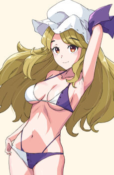 1girl arm_behind_head armpits bikini blonde_hair breasts collarbone commentary_request hat highres jack_(wkm74959) long_hair medium_breasts midriff mob_cap multicolored_bikini navel one-hour_drawing_challenge parted_bangs red_eyes smile swimsuit thighs touhou two-tone_bikini watatsuki_no_toyohime