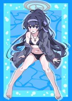 Rule 34 | 1girl, absurdres, amanotti 01, bags under eyes, barefoot, bikini, black bikini, blue archive, blue background, breasts, brown halo, cardigan, full body, grey cardigan, hairband, halo, highres, long hair, o-ring, o-ring bikini, official alternate costume, open cardigan, open clothes, purple hairband, small breasts, solo, swimsuit, ui (blue archive), ui (swimsuit) (blue archive)
