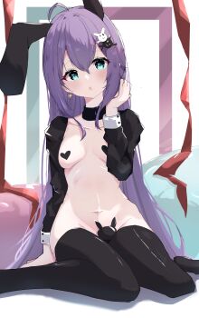 1girl absurdres ahoge animal_ears black_sleeves black_thighhighs blue_eyes breasts detached_sleeves earrings fake_animal_ears hair_between_eyes hair_ornament hand_up heart_pasties highres idolmaster idolmaster_million_live! jewelry liyaku long_hair maebari mochizuki_anna navel pasties purple_hair rabbit_ears rabbit_hair_ornament rabbit_maebari reverse_bunnysuit reverse_outfit sitting solo thighhighs very_long_hair