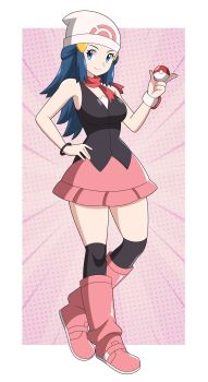 Rule 34 | 1girl, absurdres, abysswatchers, black hair, black socks, blue eyes, blue hair, boots, breasts, commentary, dawn (pokemon), dotted background, english commentary, hair tie on wrist, hand on own hip, hat, highres, holding, holding poke ball, kneehighs, looking at viewer, medium hair, miniskirt, motion lines, nintendo, outside border, pink boots, pink skirt, poke ball, poke ball symbol, pokemon, pokemon diamond/pearl/platinum, poketch, red scarf, scarf, shirt, skirt, sleeveless, sleeveless shirt, small breasts, smile, socks, solo, solo focus, thighs, watch, white hat, wristwatch