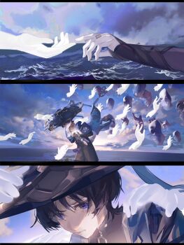 1boy aqua_sleeves armor black_border black_bow black_hair black_shorts blue_cape blue_hat blunt_ends border bow bridal_gauntlets cape cloud cloudy_sky clown_mask crying curled_fingers disembodied_hand dterl eyelashes feathers genshin_impact gold_ring hair_between_eyes hakama hakama_shorts hand_on_another's_hat hand_on_another's_shoulder hands_on_own_chest hat head_down highres japanese_armor japanese_clothes jingasa kimono kote kurokote layered_sleeves leaning_forward male_focus mandarin_collar mask middle_ring multiple_views ocean oni_mask open_clothes open_kimono parted_lips pleated_shorts pom_pom_(clothes) purple_eyes reaching reaching_towards_another scaramouche_(genshin_impact) sequential short_sleeves shorts sky streaming_tears tassel tears vision_(genshin_impact) wanderer_(genshin_impact) white_kimono white_sleeves yellow_feathers