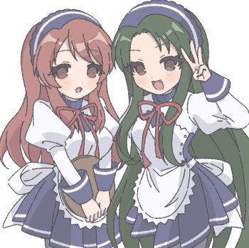 Rule 34 | 2girls, :d, apron, asahina mikuru, blue dress, blue headdress, brown eyes, brown hair, dress, fang, forehead, green eyes, holding, holding tray, long hair, long sleeves, looking at viewer, maid, maid apron, maid headdress, multiple girls, nanonome, neck ribbon, official alternate costume, open mouth, pantyhose, puffy long sleeves, puffy sleeves, red ribbon, ribbon, simple background, smile, standing, suzumiya haruhi no yuuutsu, tongue, tray, tsuruya, v, white background