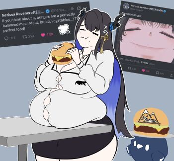 1girl absurdres artist_name asymmetrical_horns black_hair blue_hair breasts burger closed_eyes colored_inner_hair commentary demon_girl demon_horns english_commentary fat food full_stomach gradient_hair hair_ornament highres holding holding_food hololive hololive_english horns jailbird_(nerissa_ravencroft) long_hair mr.niceberg multicolored_hair nerissa_ravencroft nerissa_ravencroft_(casual) office_lady official_alternate_costume plump shirt simple_background table twitter_screenshot virtual_youtuber