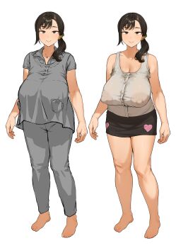 1girl bad_tag bare_shoulders barefoot black_hair black_skirt breasts cleavage closed_mouth collarbone collared_shirt covered_erect_nipples full_body grey_pants grey_shirt hair_over_shoulder heart kono_(yuri_kotone_ero) large_areolae large_breasts long_hair looking_at_viewer low_ponytail mature_female miniskirt mole mole_under_mouth multiple_views nipples pants pocket ponytail see-through_clothes shirt short_sleeves side_ponytail simple_background skirt sleeveless sleeveless_shirt smile standing takenoko_no_you tank_top thighs white_background