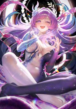 1girl ;o absurdres aqua_hair bodysuit breasts commentary cosplay covered_navel cruzvu cyrene_(honkai:_star_rail) cyrene_(ripples_of_past_reverie)_(honkai:_star_rail) diamond-shaped_pupils diamond_(shape) earrings flower goddess_of_victory:_nikke hair_flower hair_intakes hair_ornament halo heart heart_hands highres honkai:_star_rail honkai_(series) indian_style jewelry large_breasts long_hair multicolored_bodysuit multiple_boys nayuta_(nikke) nayuta_(nikke)_(cosplay) nayuta_(wu_wei)_(nikke) one_eye_closed paid_reward_available pink_hair pointy_ears purple_eyes sitting solo space_skin symbol-shaped_pupils two-tone_bodysuit very_long_hair white_hair