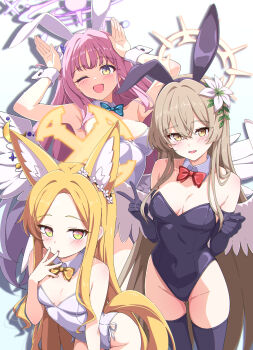 3girls :d ;d absurdres alternate_costume animal_ear_fluff animal_ear_hairband animal_ears arms_up bare_shoulders black_gloves black_hairband black_thighhighs blue_archive blue_bow blue_bowtie blush bow bowtie breasts breasts_apart brown_hair collar commentary_request covered_navel cross_halo detached_collar fake_animal_ears flower fox_ears fox_girl gloves hair_flower hair_ornament hairband halo hand_up hands_up highres kame_(nokonoko10271) large_breasts leotard long_hair looking_at_viewer medium_breasts mika_(blue_archive) multiple_girls nagisa_(blue_archive) one_eye_closed open_mouth pink_hair pink_halo playboy_bunny rabbit_ears rabbit_pose red_bow red_bowtie seia_(blue_archive) simple_background small_breasts smile strapless strapless_leotard tea_party_(blue_archive) thighhighs traditional_bowtie v very_long_hair white_background white_collar white_flower white_leotard white_wrist_cuffs wrist_cuffs yellow_bow yellow_bowtie yellow_eyes yellow_halo