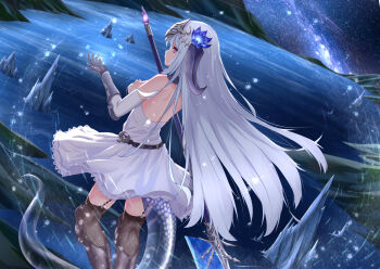 1girl absurdres black_thighhighs blue_flower breasts buzhi_shuixian dragon_girl dragon_horns dragon_tail dress elbow_gloves filene_(shadowverse) flower from_behind gauntlets gloves grey_hair hair_flower hair_ornament headpiece highres horns long_hair medium_breasts night night_sky outdoors pink_eyes polearm scenery shadowverse skirt sky solo star_(sky) starry_sky strapless strapless_dress tail thighhighs very_long_hair weapon white_dress white_gloves