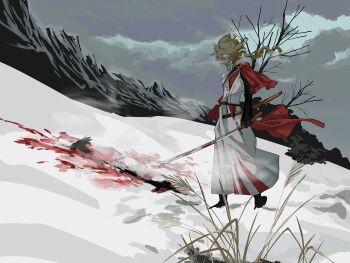 Rule 34 | 1boy, after battle, black shoes, blonde hair, blood on snow, cloud, cloudy sky, commentary, commentary request, covered eyes, curly hair, english commentary, from side, full body, grey sky, highres, holding, holding sword, holding weapon, ichimonji norimune, jacket, katana, long hair, looking down, male focus, mountain, pants, red sash, red shirt, sash, shirt, shoes, sky, snow, solo, sword, touken ranbu, tree, unsheathed, urokoemooon, weapon, weeds, white jacket, white pants, wide shot, wind