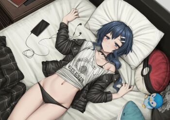 Rule 34 | 1girl, absurdres, black bra, black collar, black jacket, black panties, blanket, blue eyes, blush, bra, cellphone, character doll, closed mouth, collar, commission, dawn (pokemon), doll, earphones removed, from above, gen 4 pokemon, goth fashion, groin, hair ornament, hairclip, highres, ikea shark, jacket, jewelry, lobsteranian, lying, navel, necklace, nintendo, off shoulder, official alternate costume, on back, open clothes, open jacket, panties, phone, pillow, piplup, poke ball print, pokemon, pokemon brilliant diamond and shining pearl, print shirt, shirt, single bare shoulder, smartphone, smile, solo, stuffed animal, stuffed shark, stuffed toy, triangle, underwear, white shirt