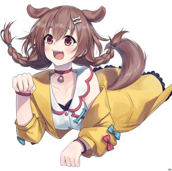 Rule 34 | 1girl, :d, absurdres, animal collar, animal ears, artist name, belt collar, blush, bone hair ornament, braid, braided twintails, breasts, brown eyes, brown hair, buttons, collar, commentary request, dated, dog ears, dog girl, dog tail, double-parted bangs, dress, extra ears, fangs, hair between eyes, hair ornament, hairclip, highres, hololive, inugami korone, inugami korone (1st costume), jacket, large breasts, long hair, looking afar, looking ahead, low twin braids, low twintails, lying, nail polish, on stomach, open clothes, open jacket, open mouth, parallel hairclips, paw pendant, paw pose, raised eyebrows, red collar, signature, simple background, single bare shoulder, single off shoulder, sleeveless, sleeveless dress, smile, solo, tail, transparent background, traveler (artbbt), twin braids, twintails, virtual youtuber, white dress, yellow jacket, yellow nails