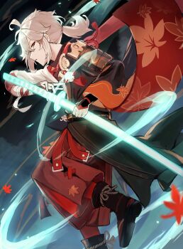 1boy antenna_hair armor asymmetrical_sleeves bandaged_arm bandaged_hand bandages black_background black_gloves black_sandals black_scarf brown_pants commentary_request energy_sword fingerless_gloves floating_hair genshin_impact gloves hair_between_eyes hakama hakama_pants haori highres holding holding_sword holding_weapon japanese_armor japanese_clothes kaedehara_kazuha kimono leaf leaf_print leg_up long_sleeves looking_at_viewer low_ponytail male_focus maple_leaf maple_leaf_print medium_hair mismatched_sleeves pants parted_lips pom_pom_(clothes) ponytail profile red_eyes red_ribbon red_scarf ribbon rope sandals scarf serious shoe_soles short_sleeves shoulder_armor sidelocks sideways_glance sode solo sword tassel toyanoituki v-shaped_eyebrows weapon white_kimono wide_sleeves wind zouri